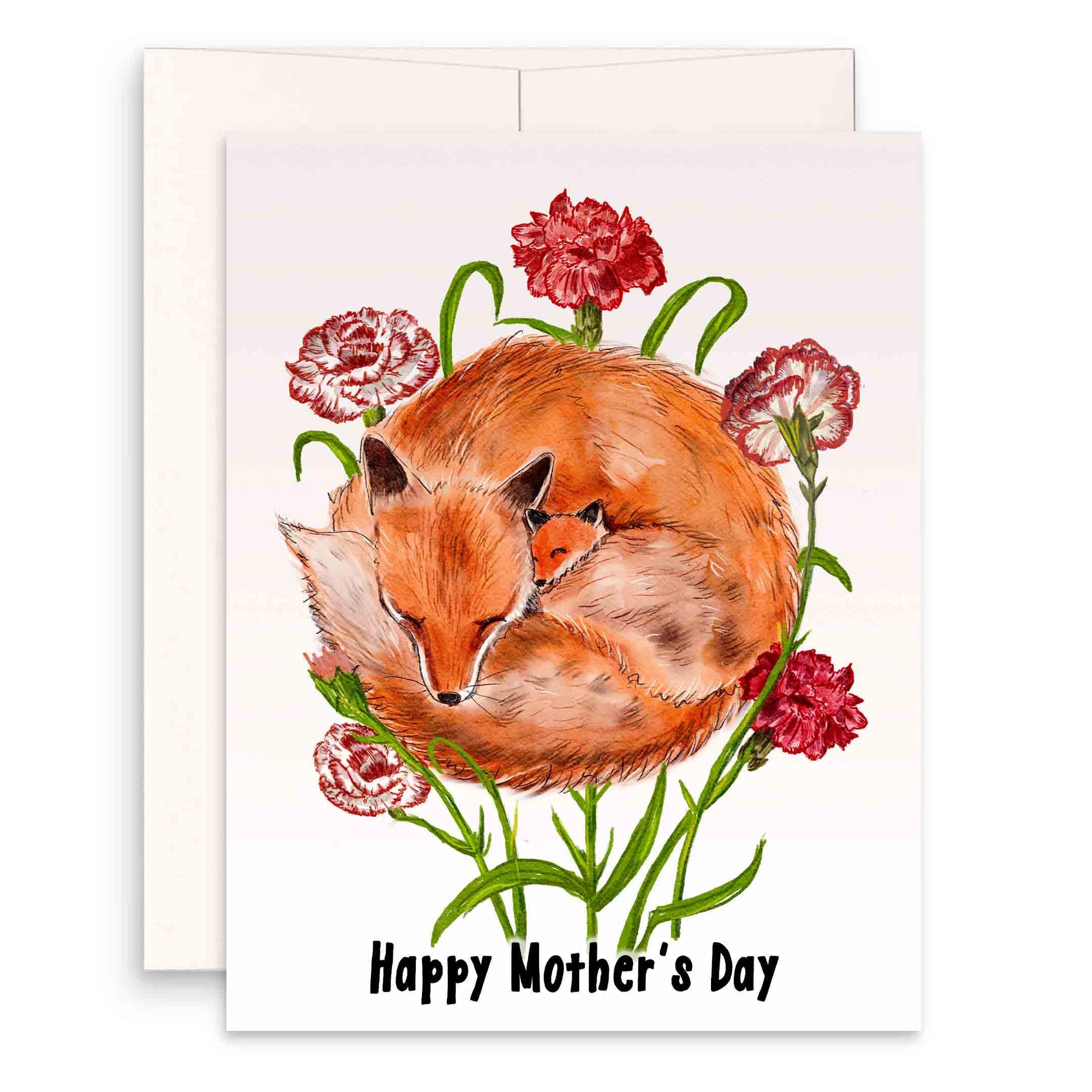 Red Fox Mom And Baby Happy Mothers Day Card - Carnation Flower Mother's Day Card - First Mother's Day Card From Kid - Liyana Studio Handmade