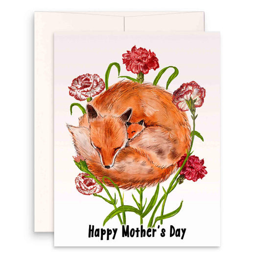 Red Fox Mom And Baby Happy Mothers Day Card - Carnation Flower Mother's Day Card - First Mother's Day Card From Kid - Liyana Studio Handmade