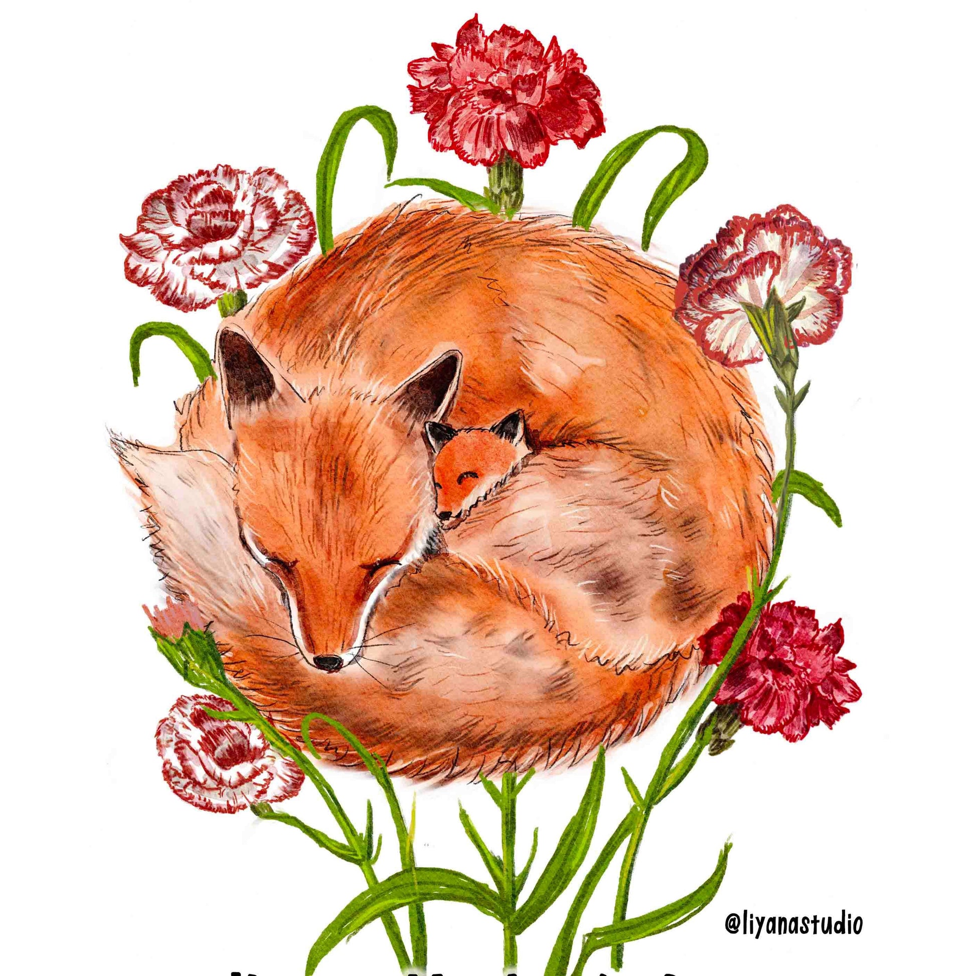 Red Fox Mom And Baby Happy Mothers Day Card - Carnation Flower Mother's Day Card - First Mother's Day Card From Kid - Liyana Studio Handmade