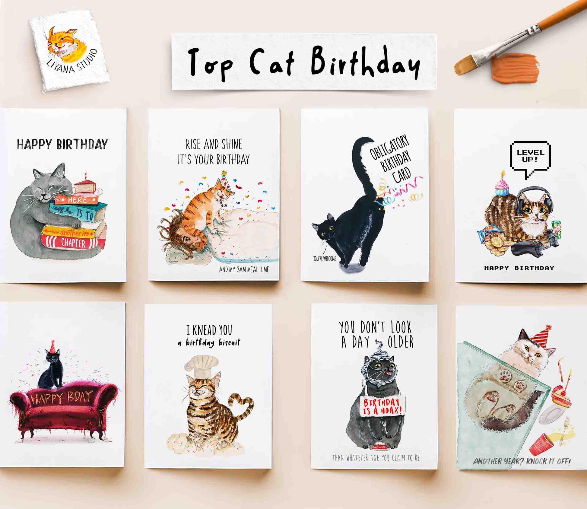 Text Message Cat Funny Birthday Card – Tabby Cat Holding Phone Funny Birthday Gift - Liyana Studio Handmade Greeting