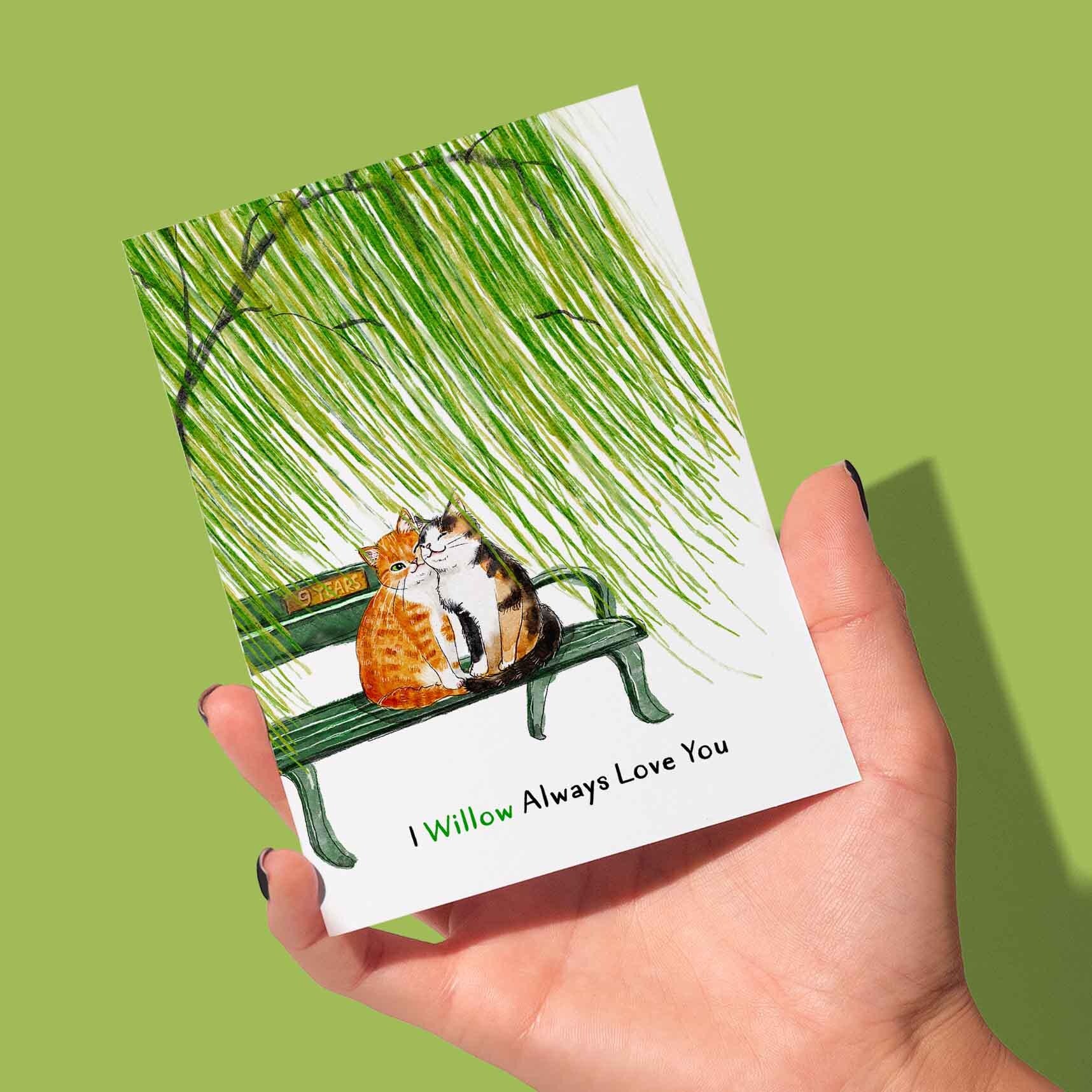 Willow 9th Anniversary Card For Husband - I Willow Always Love You 9th Anniversary Gift for Men - Cute Cat Love Card For Her - Liyana Studio