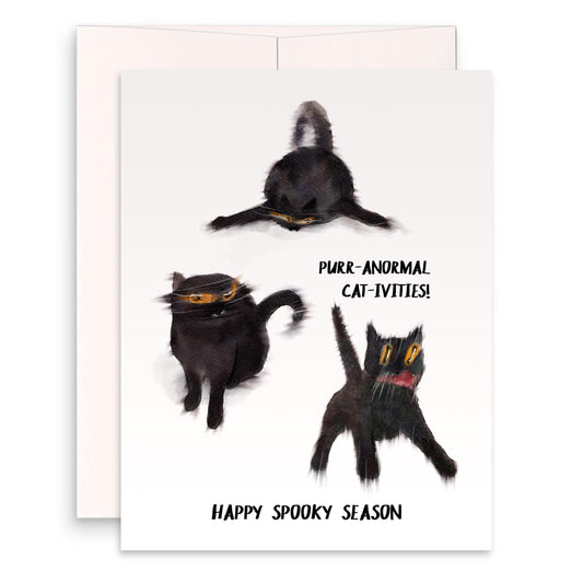 Spooky Black Cat Halloween Card Funny – Purr-anormal Cat-ivities Blurry Cat Zoomies – Cute Fall Gift for Cat Lovers – Holiday Greeting