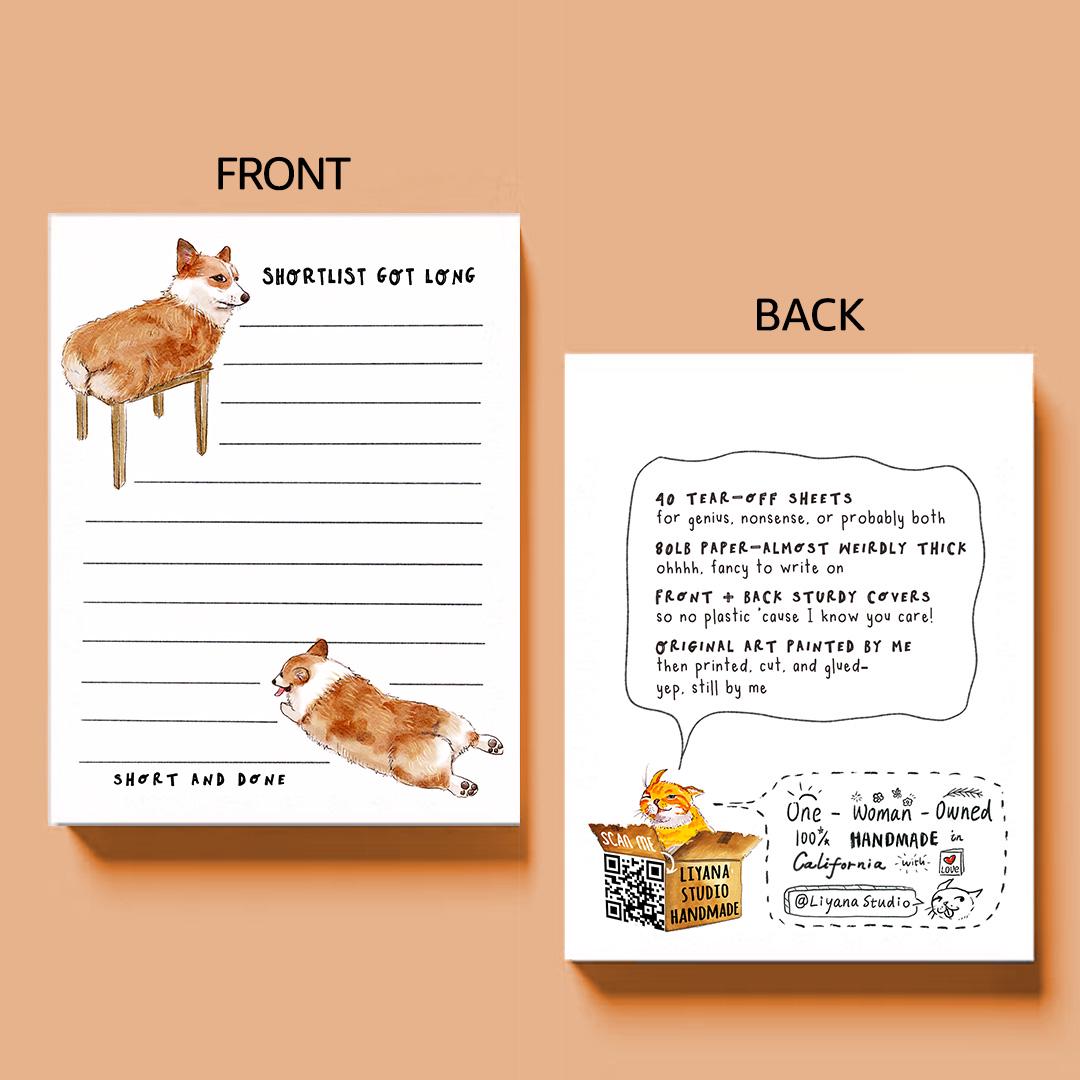 Corgi Dog Shortlist Notepad - Funny To do List Note Pad - Cute Memo Pad Stationery Gifts For Dog Lover - Handmade By Liyana Studio Greetings