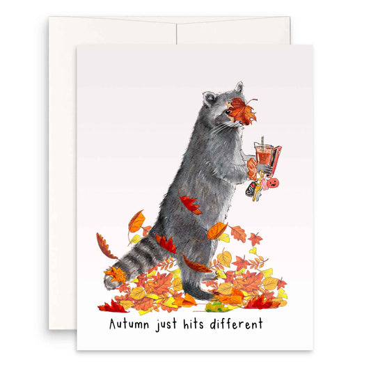 Autumn Leave Racoon Card For Girlfriend – Fall Just Hit Different - Funny Raccoon Happy Thanksgiving Cards – Cute Fall Gift Holiday Greeting