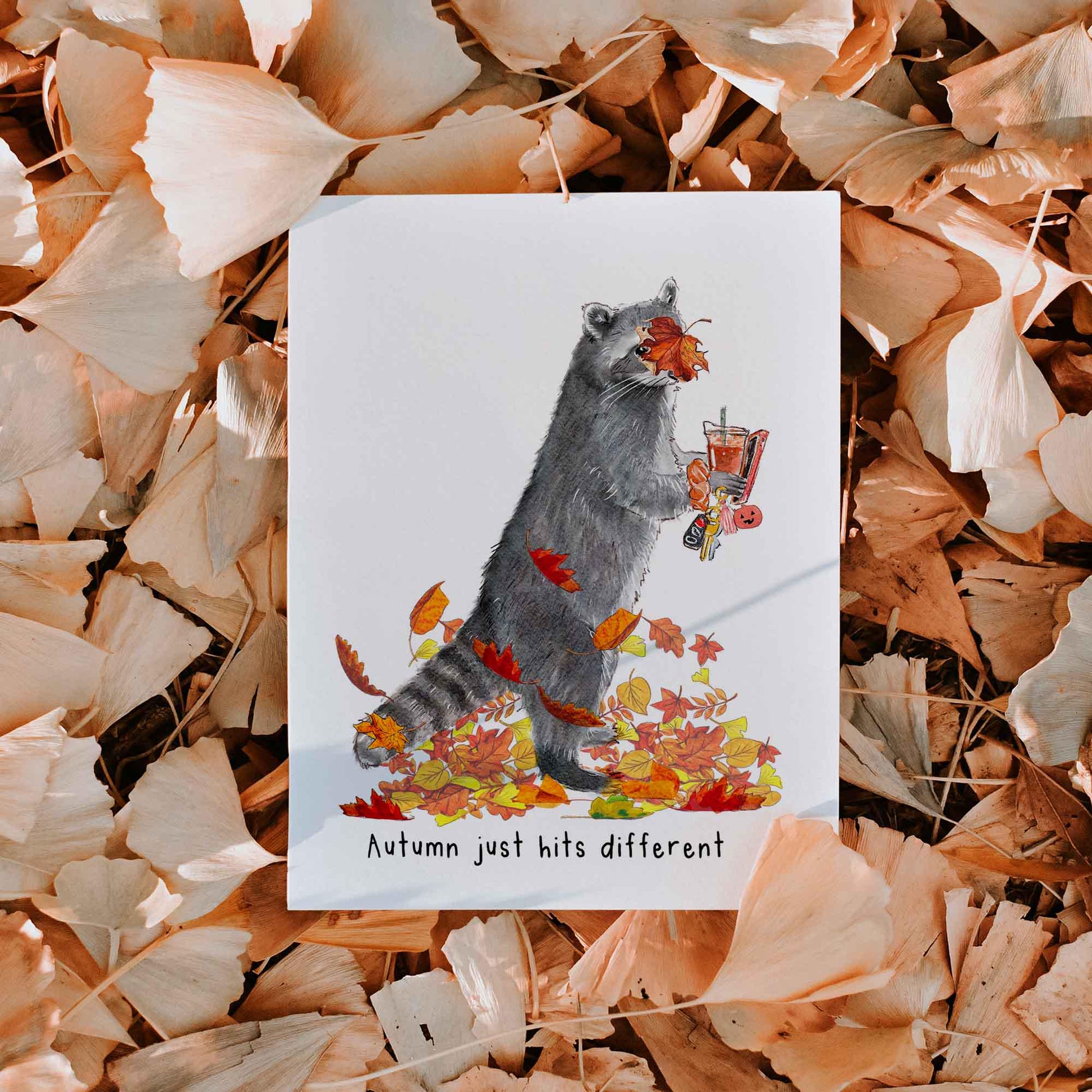Autumn Leave Racoon Card For Girlfriend – Fall Just Hit Different - Funny Raccoon Happy Thanksgiving Cards – Cute Fall Gift Holiday Greeting