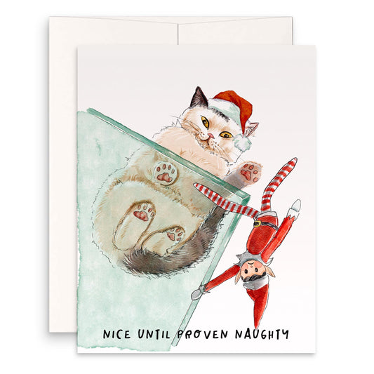 Cat vs Elf Christmas Card Funny – Nice Until Proven Naughty Holiday Card for Cat Lovers – Stocking Stuffer - Handmade Greeting Liyana Studio