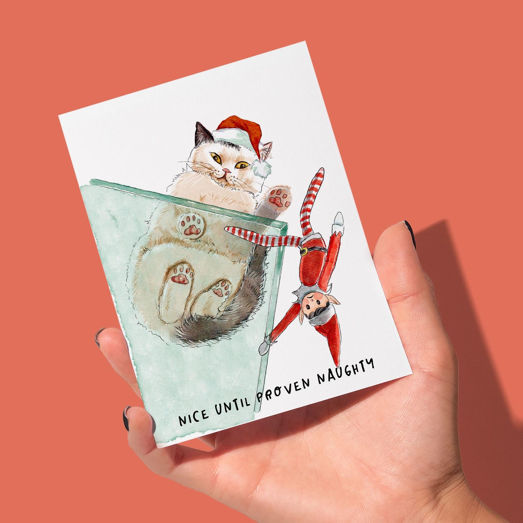 Cat vs Elf Christmas Card Funny – Nice Until Proven Naughty Holiday Card for Cat Lovers – Stocking Stuffer - Handmade Greeting Liyana Studio