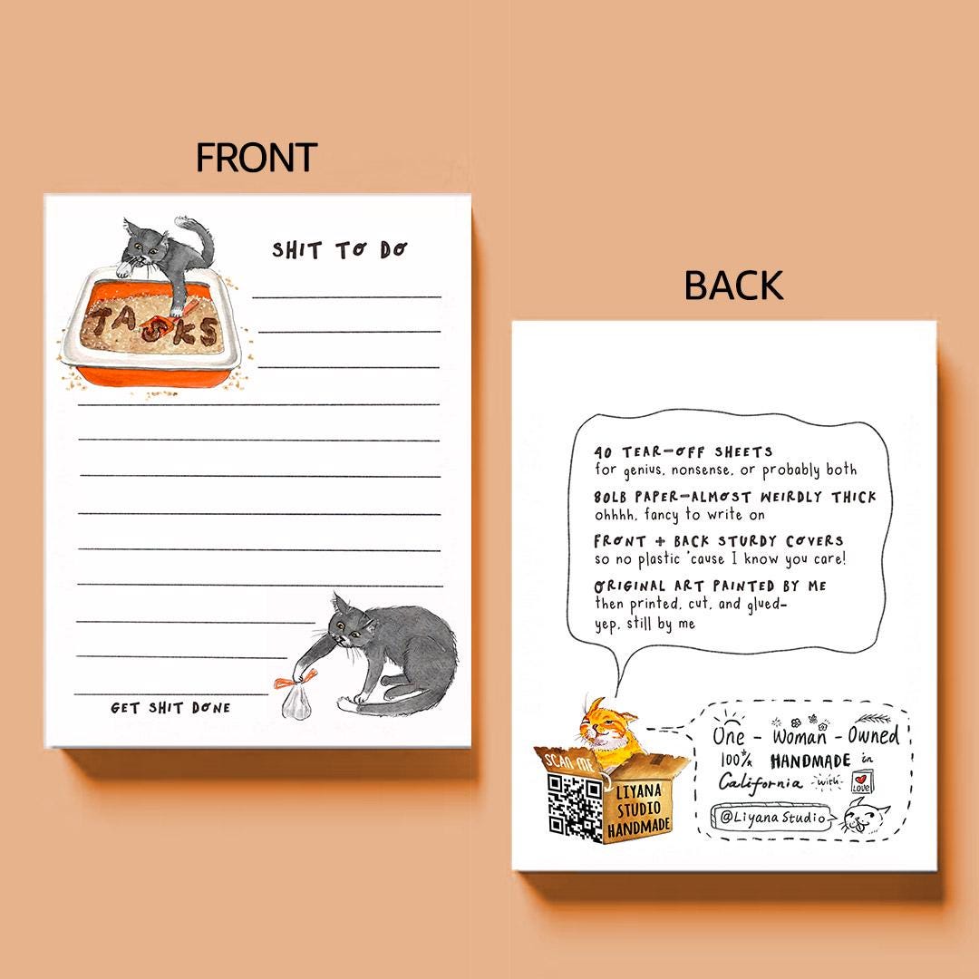 Cat Shit To Dos Notepad - Funny To do List Note Pad - Cute Memo Pad Stationery Gift For Cat Lover - Handmade By Liyana Studio Greetings