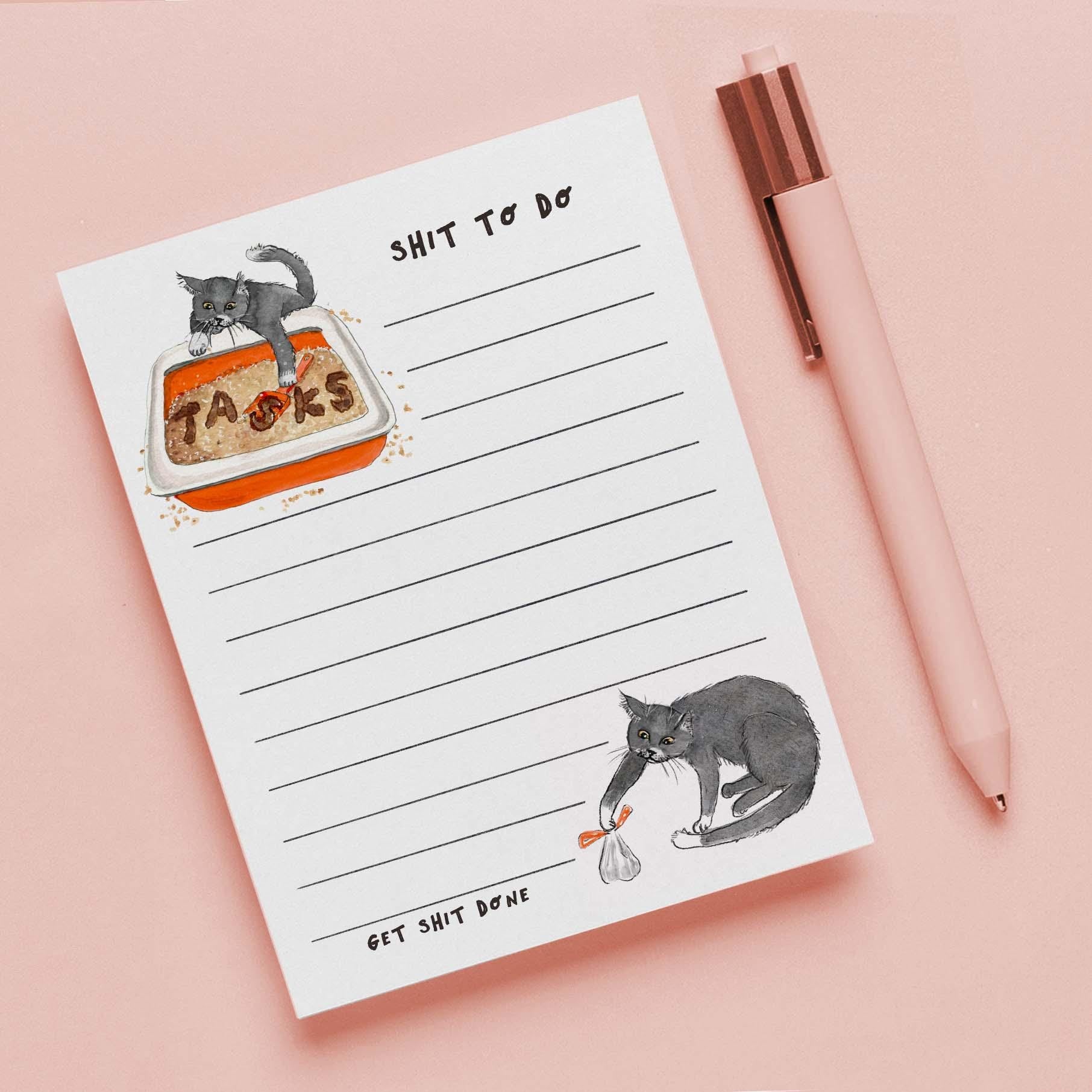 Cat Shit To Dos Notepad - Funny To do List Note Pad - Cute Memo Pad Stationery Gift For Cat Lover - Handmade By Liyana Studio Greetings