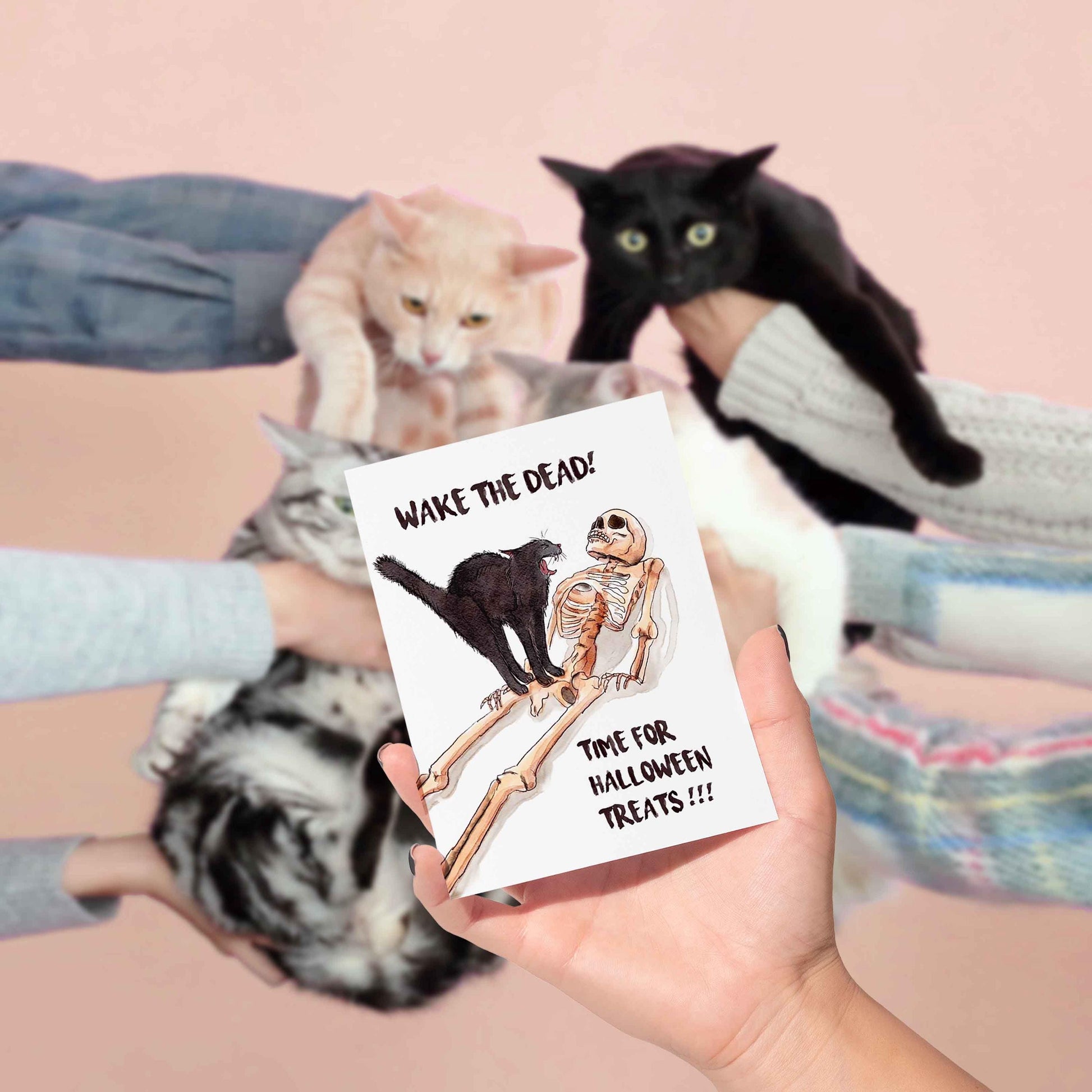 Black Cat Scream Skeleton Halloween Card: Wake The Dead Time For Halloween Treats