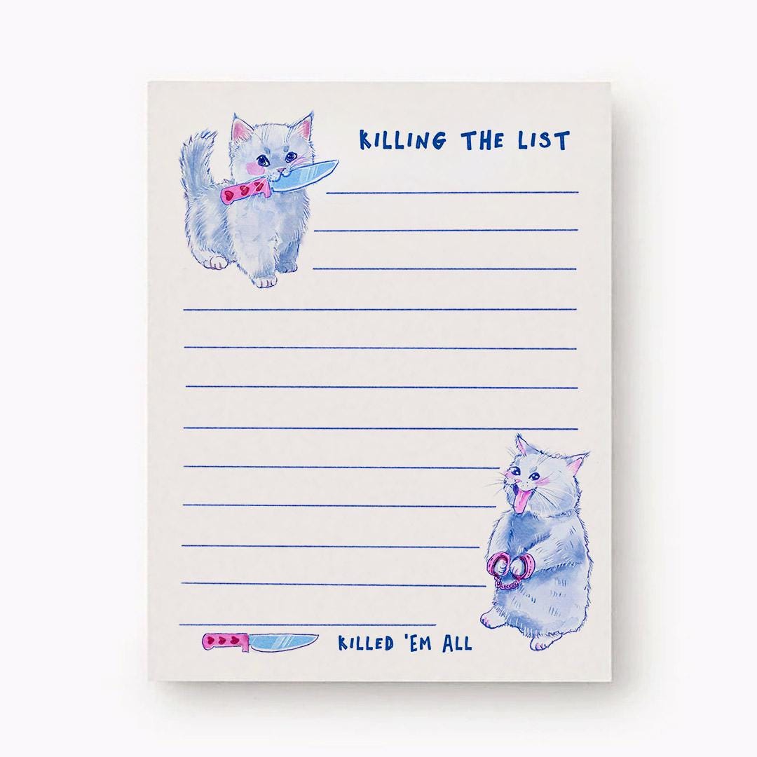 Killing The List Cat Notepad - Funny To do List Note Pad - Cute Memo Pad Stationery Gifts For True Crime Cat Lover - Handmade Liyana Studio