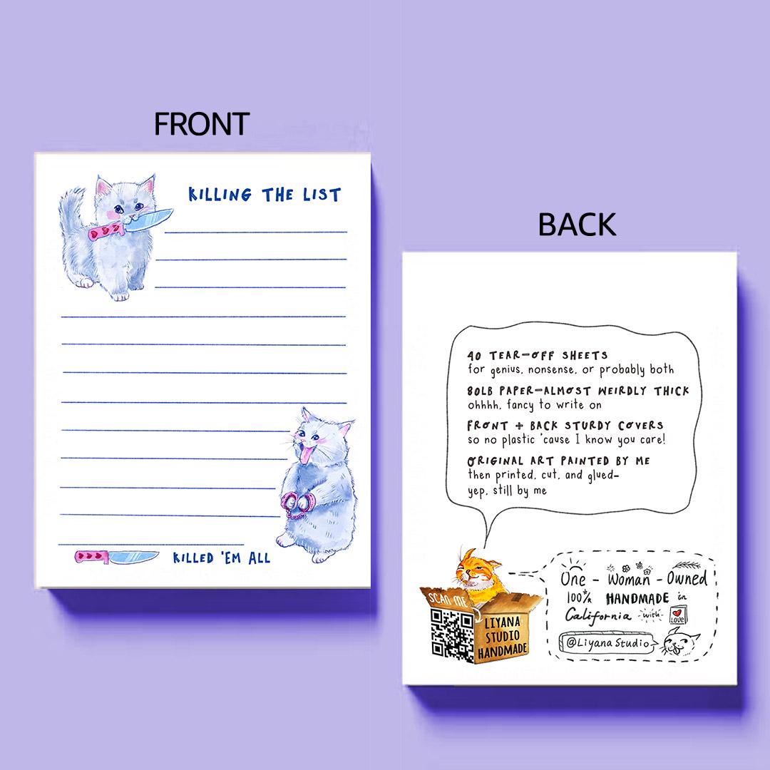 Killing The List Cat Notepad - Funny To do List Note Pad - Cute Memo Pad Stationery Gifts For True Crime Cat Lover - Handmade Liyana Studio