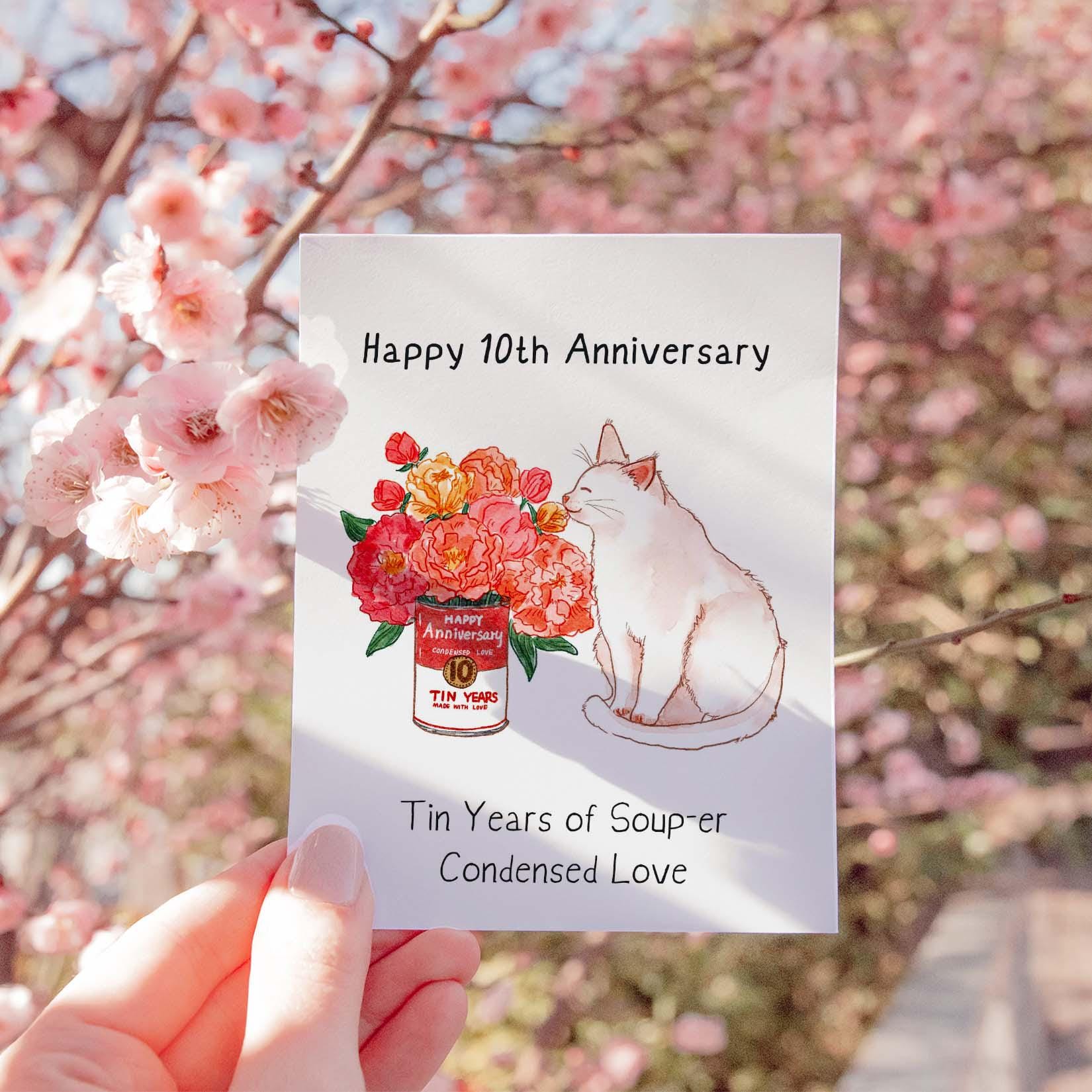 10 Years Tin Anniversary Card For Husband - Flower In Tin Can Traditional Anniversary Gift for Wife - Funny 10th Anniversary Cards For Him