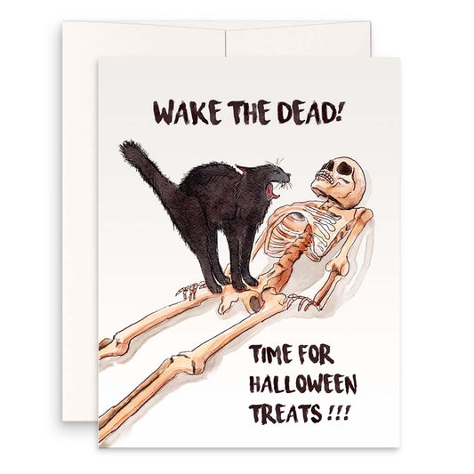Black Cat Scream Skeleton Halloween Card: Wake The Dead Time For Halloween Treats