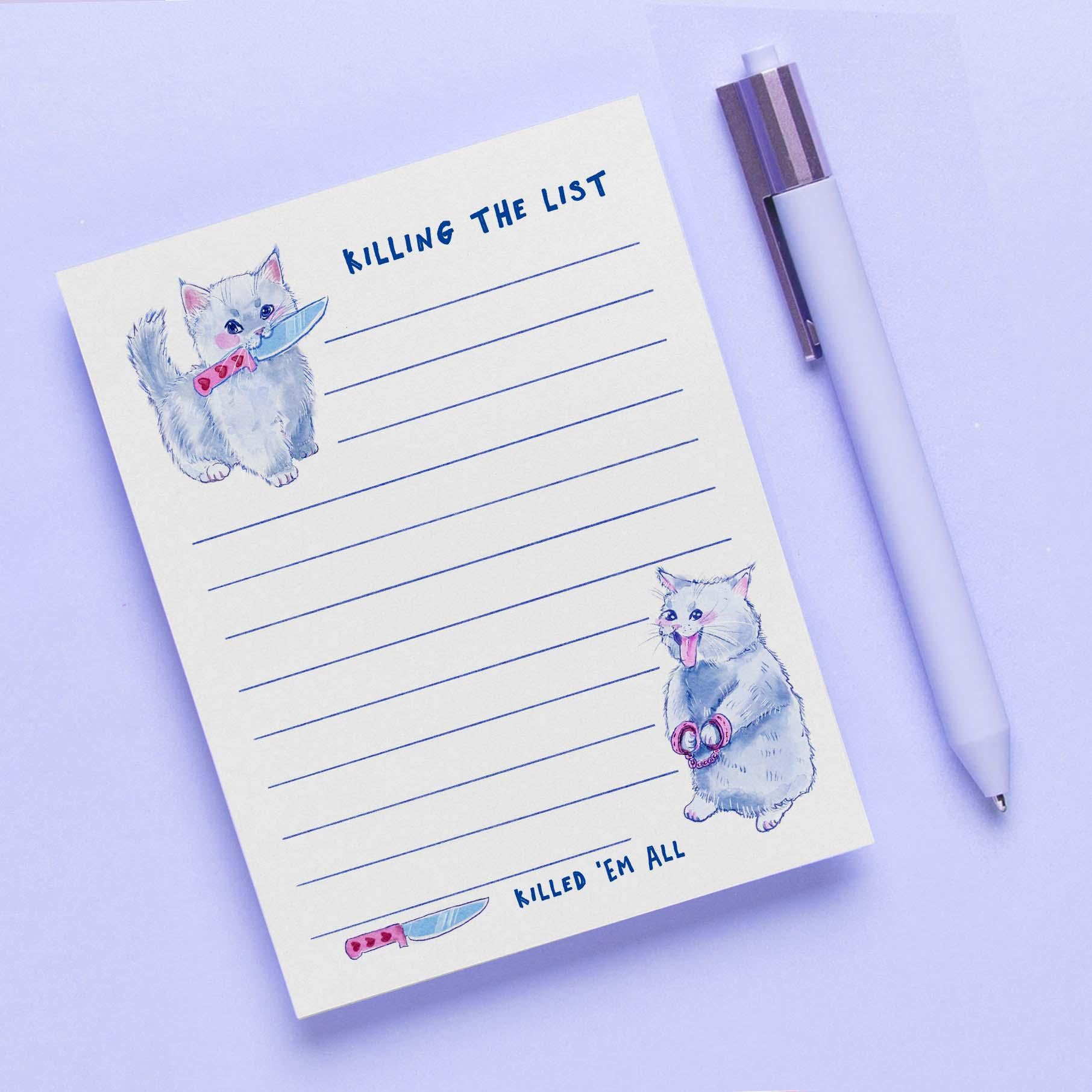 Killing The List Cat Notepad - Funny To do List Note Pad - Cute Memo Pad Stationery Gifts For True Crime Cat Lover - Handmade Liyana Studio