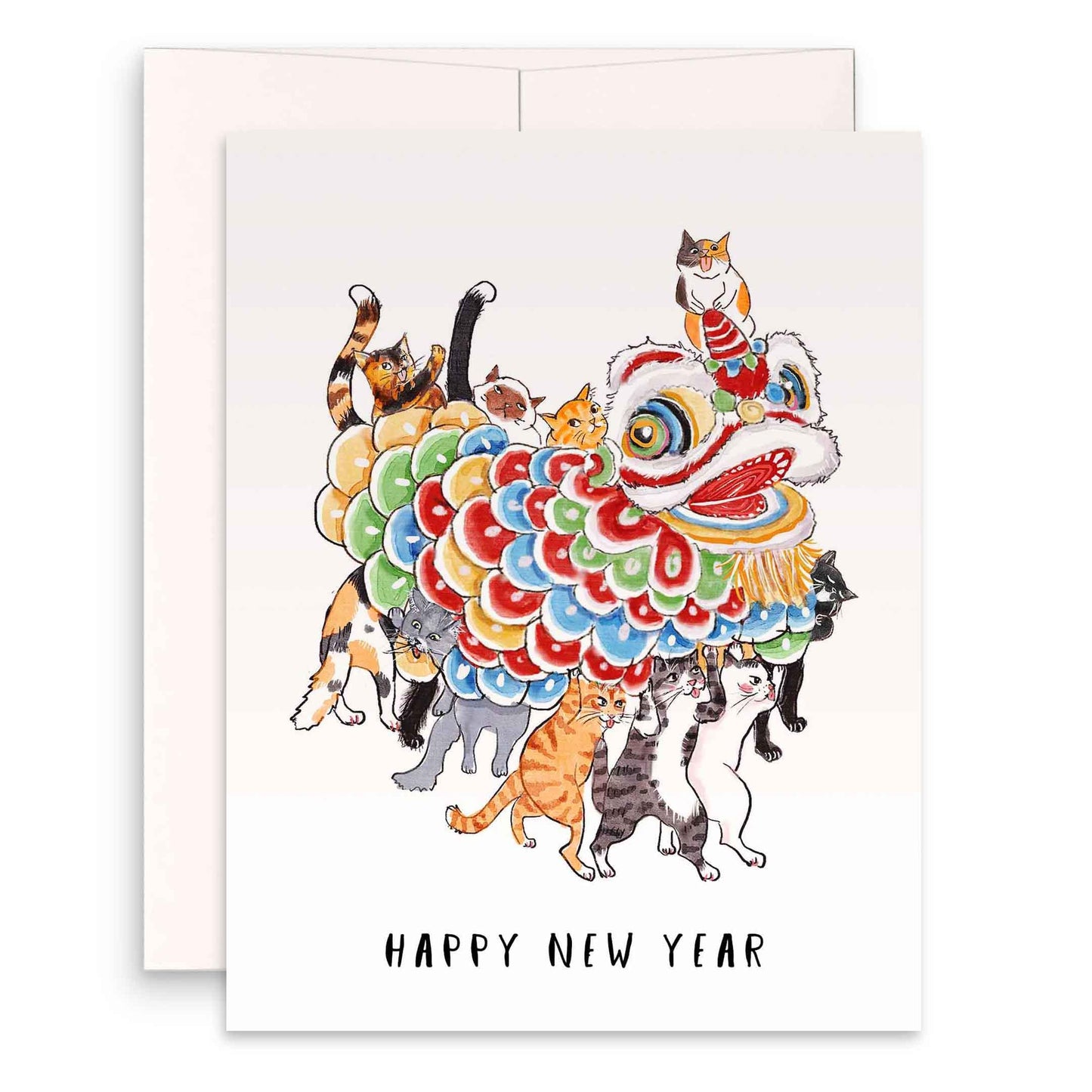 Cats Lion Dance Happy Lunar New Year Card Set – 2026 Chinese New Year Greeting Cards for Cat Lovers – Handmade Card by Liyana Studio