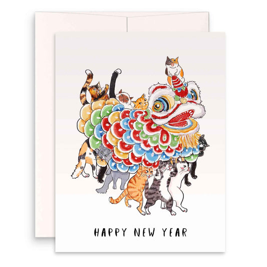 Cats Lion Dance Happy Lunar New Year Card Set – 2026 Chinese New Year Greeting Cards for Cat Lovers – Handmade Card by Liyana Studio