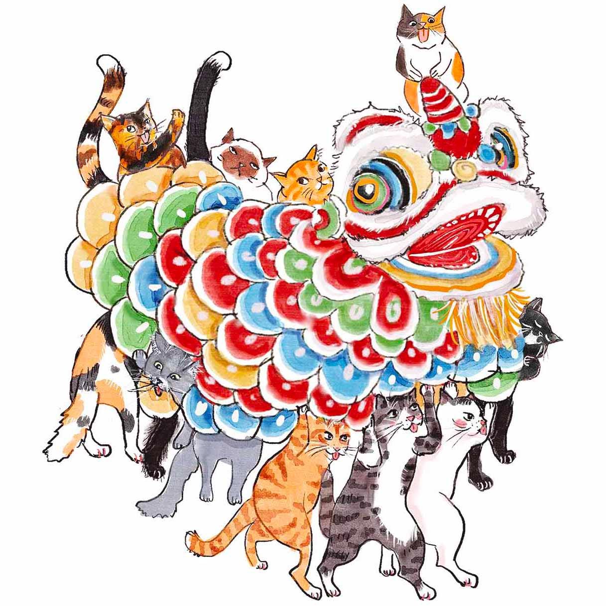 Cats Lion Dance Happy Lunar New Year Card Set – 2026 Chinese New Year Greeting Cards for Cat Lovers – Handmade Card by Liyana Studio