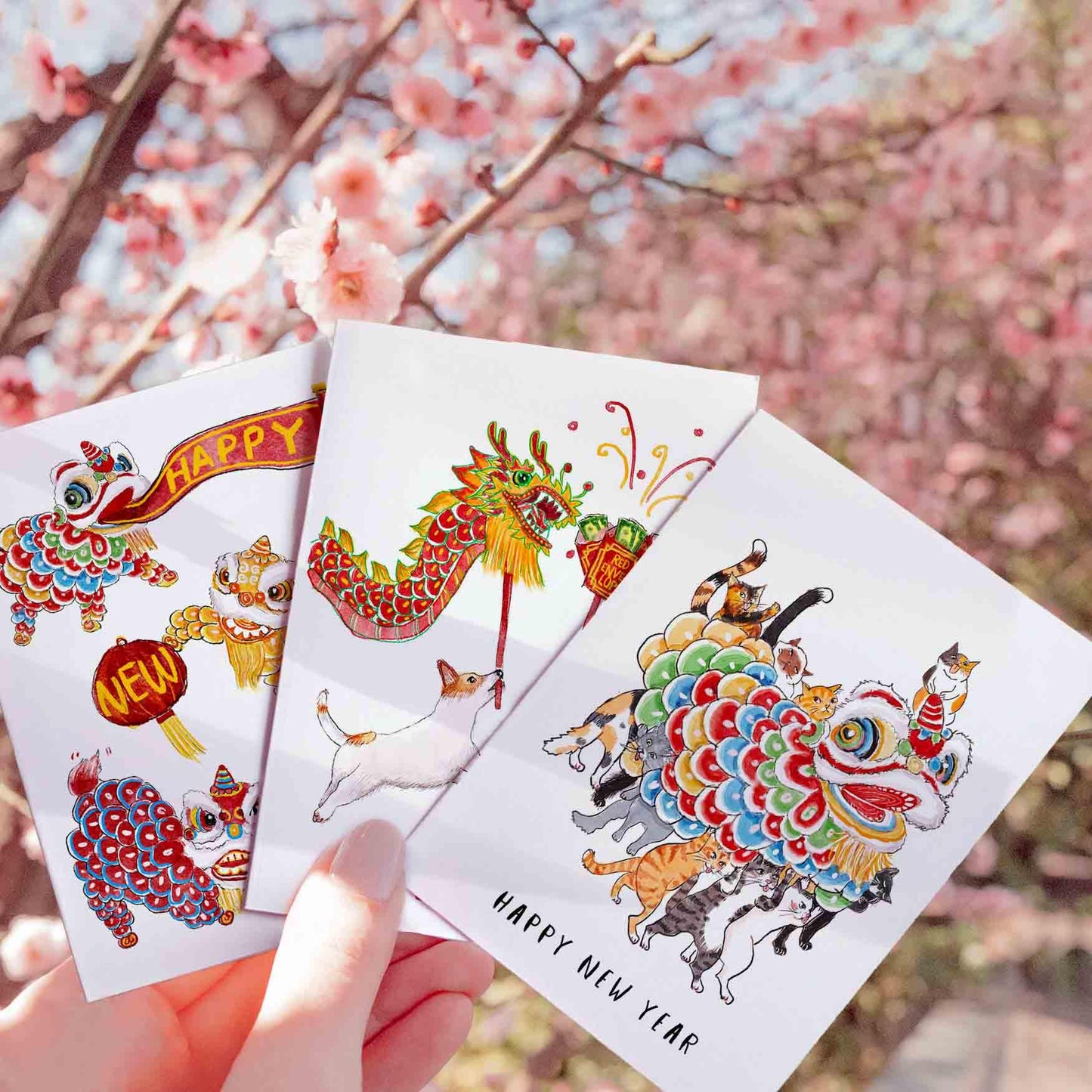 Cats Lion Dance Happy Lunar New Year Card Set – 2026 Chinese New Year Greeting Cards for Cat Lovers – Handmade Card by Liyana Studio
