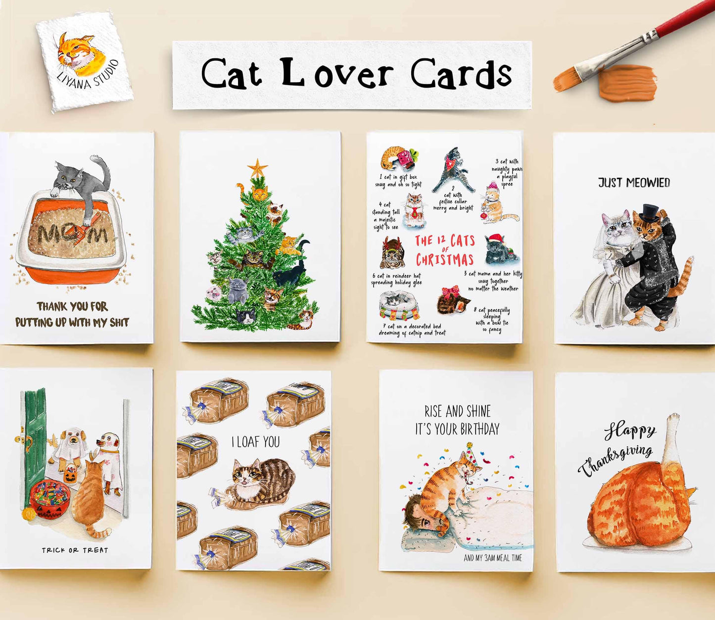 Deck The Tree & Be Merry - Funny Cat Christmas Card For Cat Lovers - Orange Tabby Tuxedo Black Cat Cards