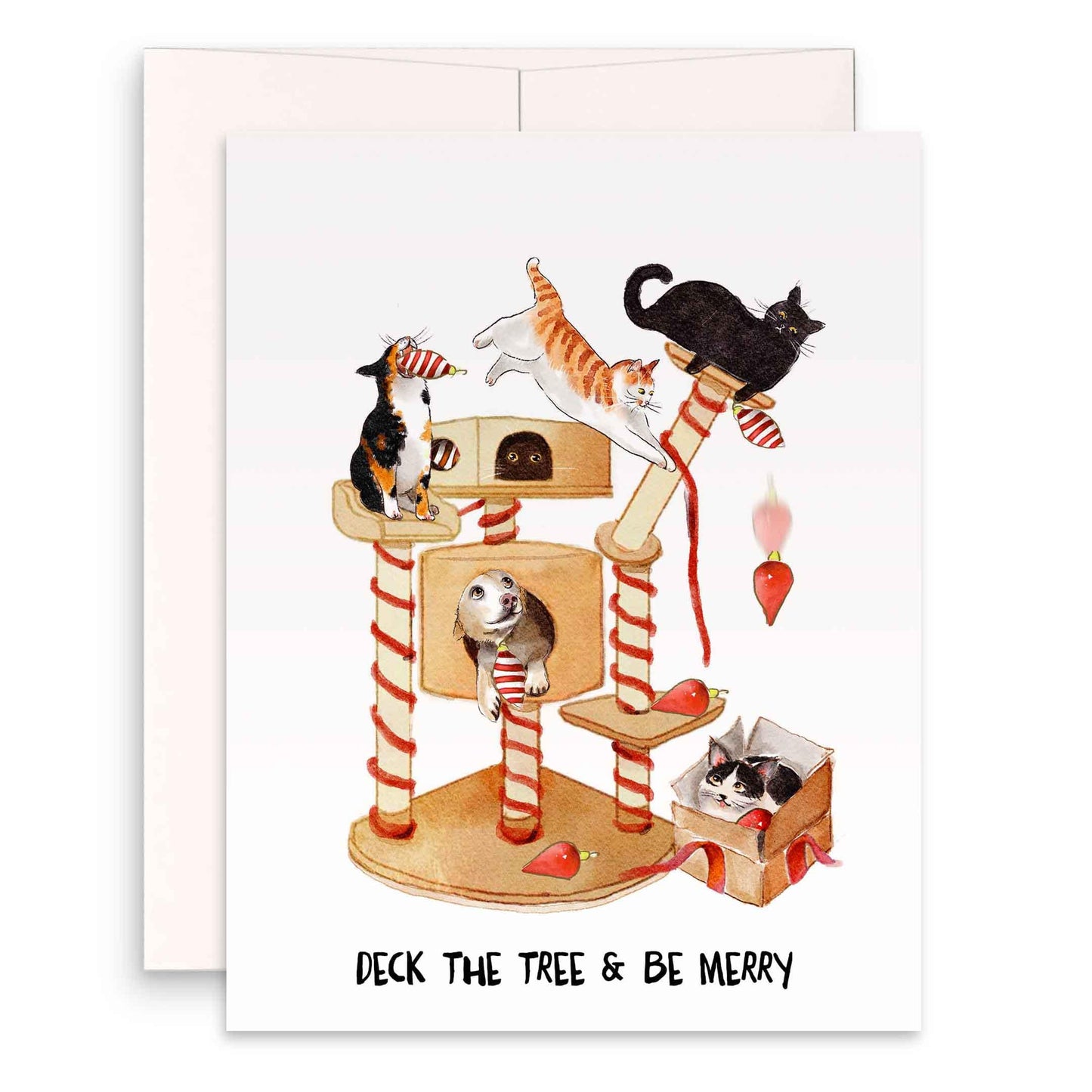 Deck The Tree & Be Merry - Funny Cat Christmas Card For Cat Lovers - Orange Tabby Tuxedo Black Cat Cards