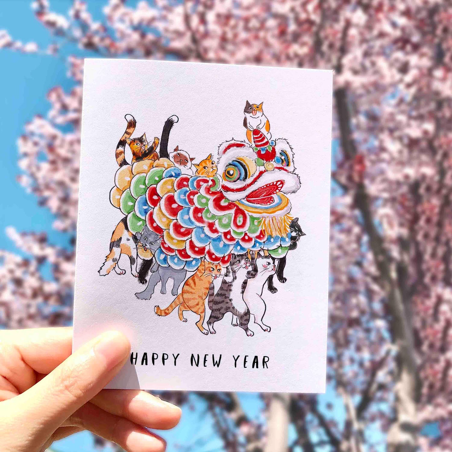 Cats Lion Dance Happy Lunar New Year Card Set – 2026 Chinese New Year Greeting Cards for Cat Lovers – Handmade Card by Liyana Studio