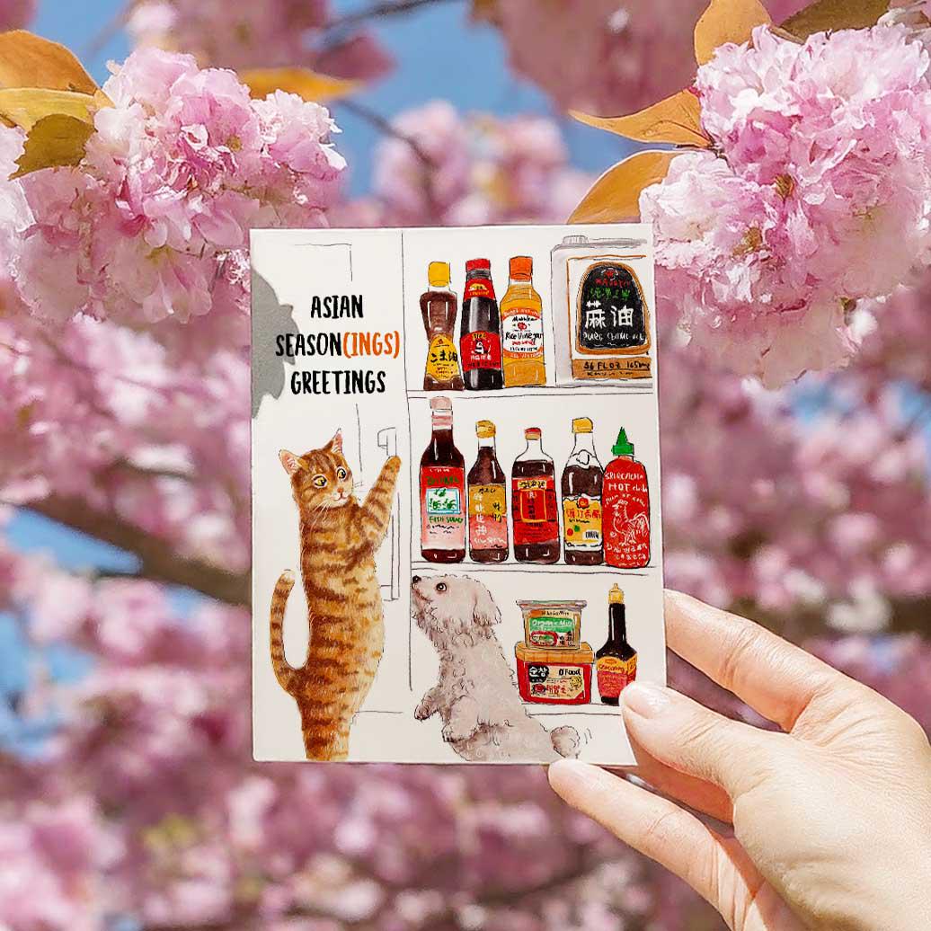Asian Seasonings Greetings Happy Lunar New Year Card Set – Funny Chinese New Year Cards 2026 for Food Lovers – Handmade by Liyana Studio