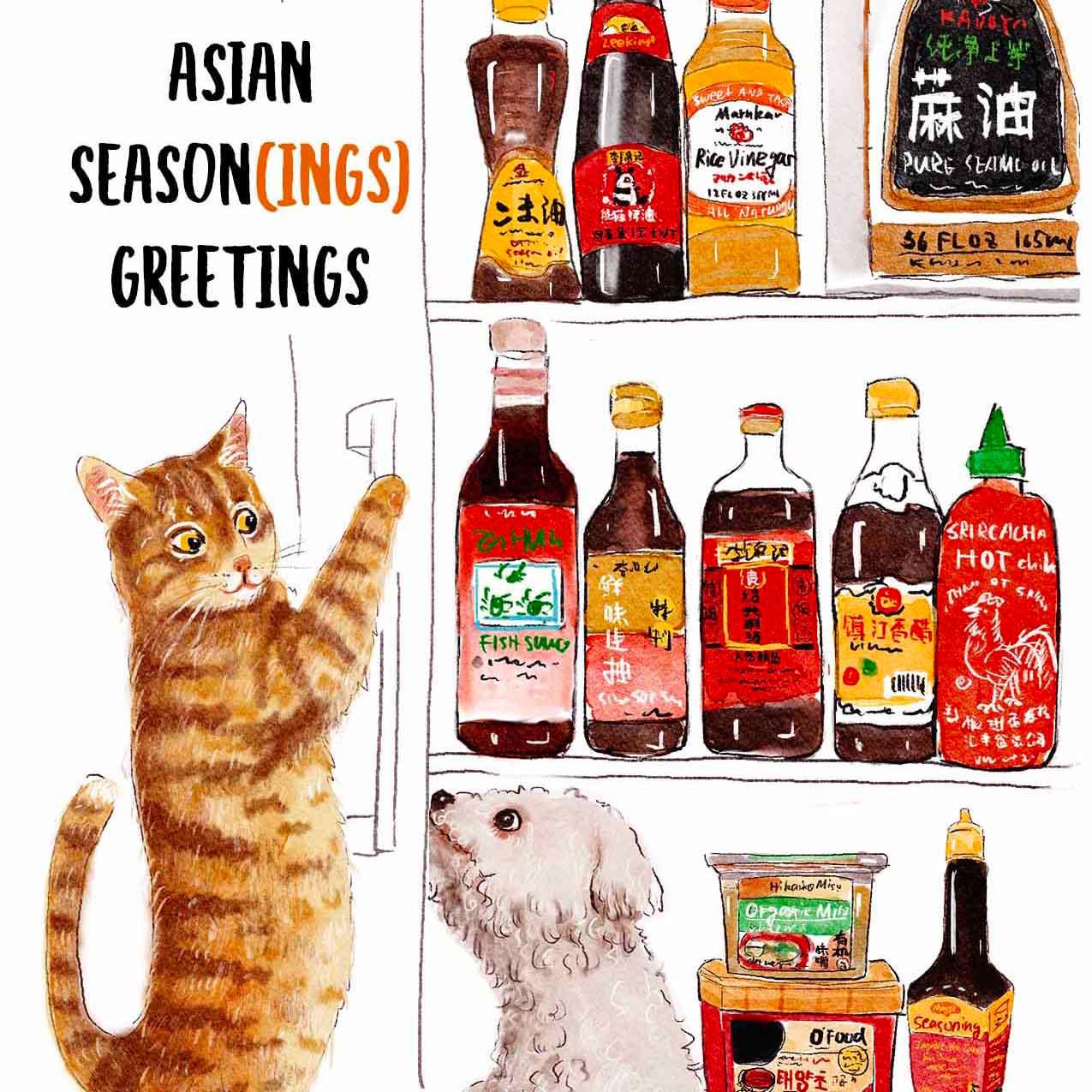 Asian Seasonings Greetings Happy Lunar New Year Card Set – Funny Chinese New Year Cards 2026 for Food Lovers – Handmade by Liyana Studio