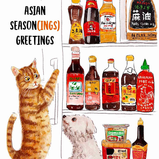Asian Seasonings Greetings Happy Lunar New Year Card Set – Funny Chinese New Year Cards 2026 for Food Lovers – Handmade by Liyana Studio
