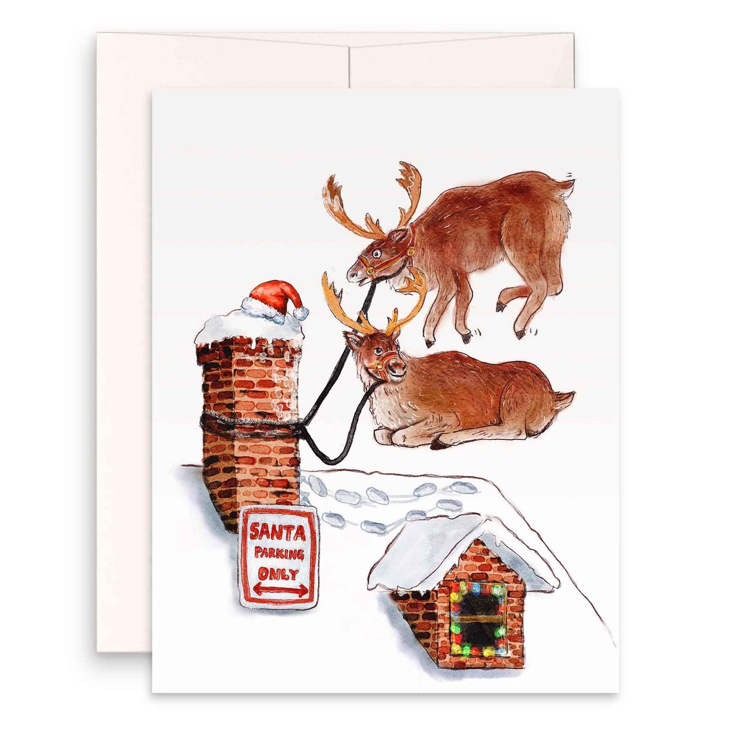 Santa Parking Only Funny Christmas Card - Reindeers On Roof Handmade Holiday Cards - Liyana Studio Greeting Cards