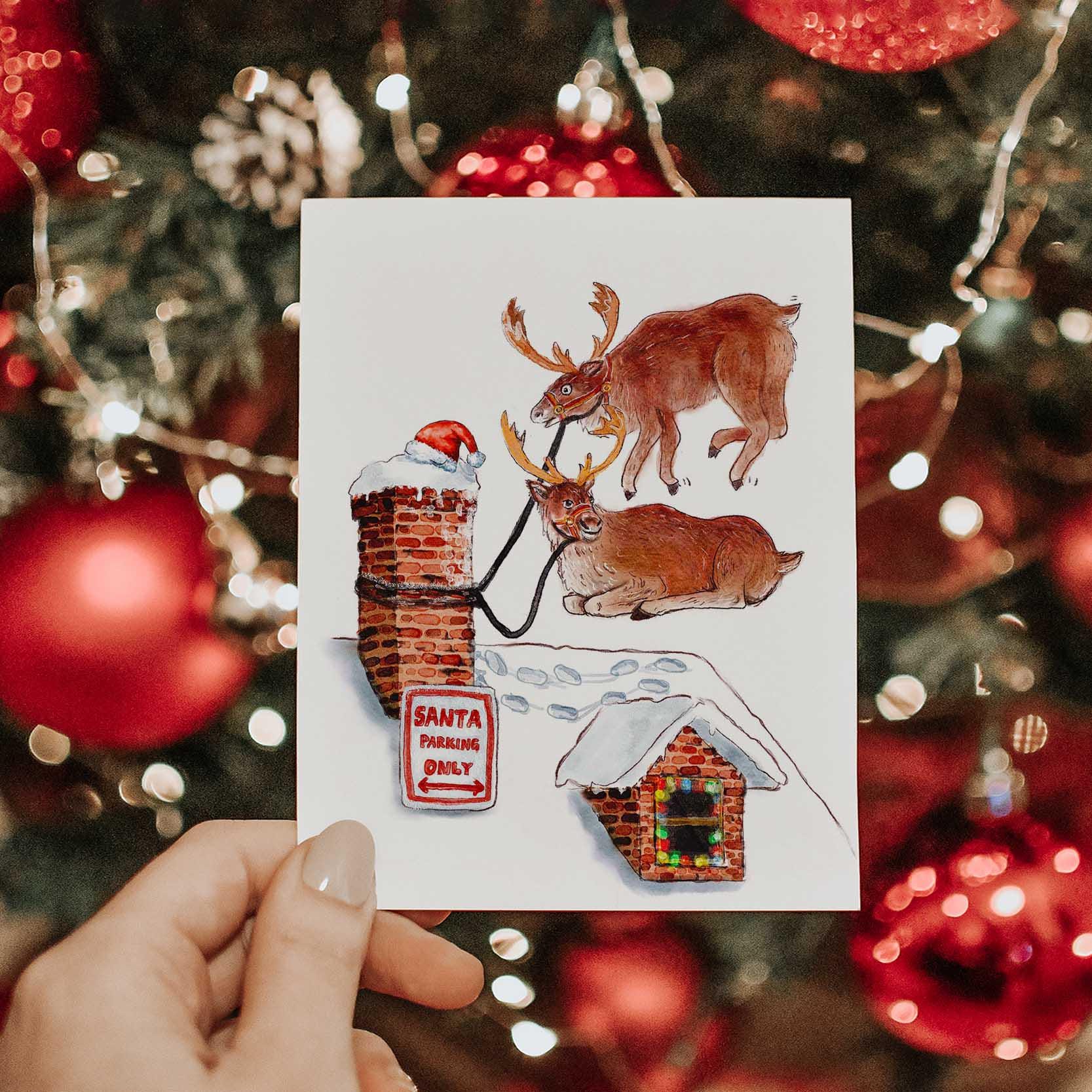 Santa Parking Only Funny Christmas Card - Reindeers On Roof Handmade Holiday Cards - Liyana Studio Greeting Cards