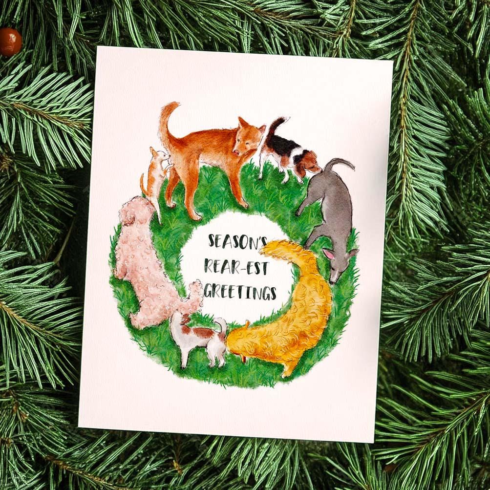 Dog Butt Sniff Wreath Christmas Cards – Funny Holiday Card for Dog Lovers – Season’s Rear-est Greetings - Liyana Studio Handmade