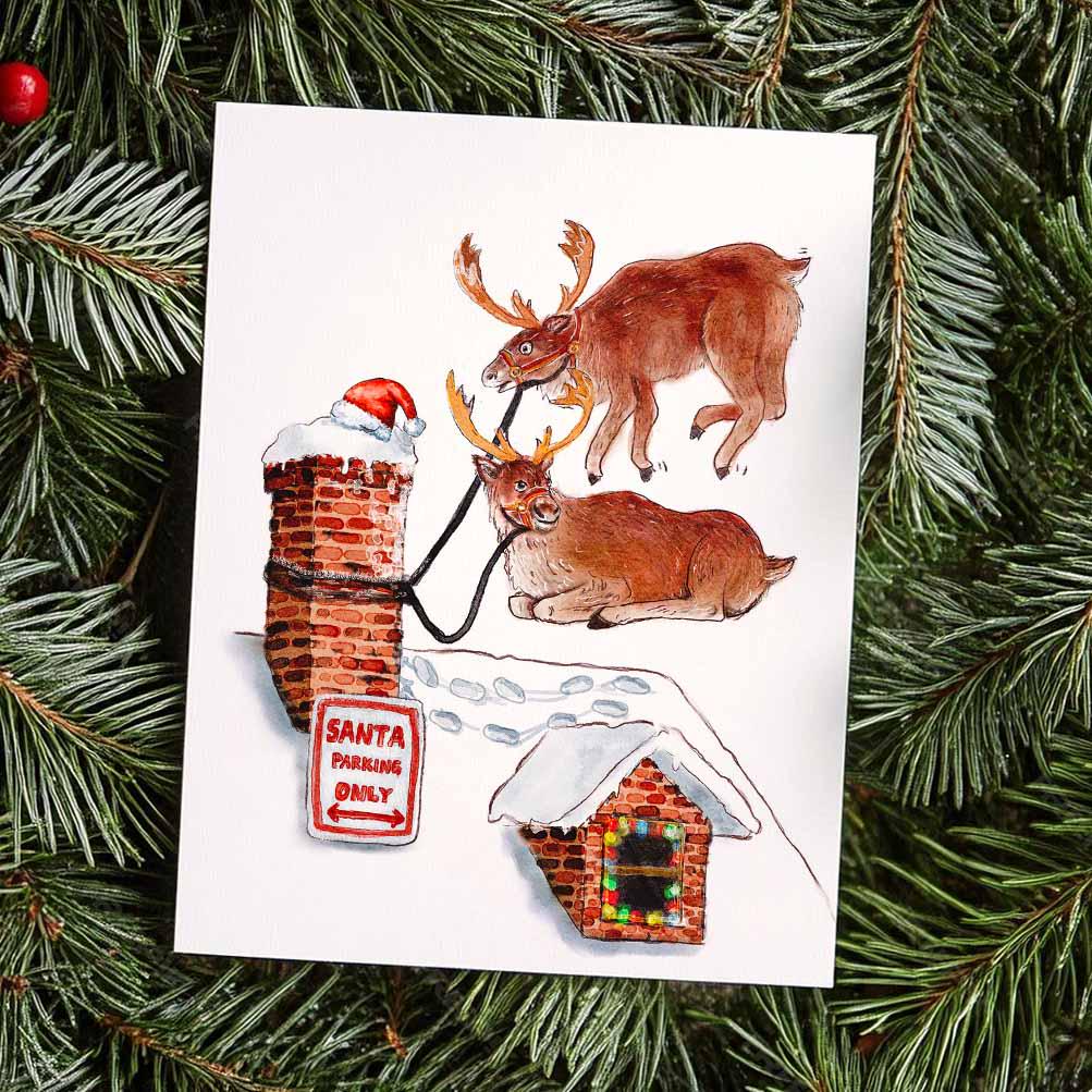 Santa Parking Only Funny Christmas Card - Reindeers On Roof Handmade Holiday Cards - Liyana Studio Greeting Cards