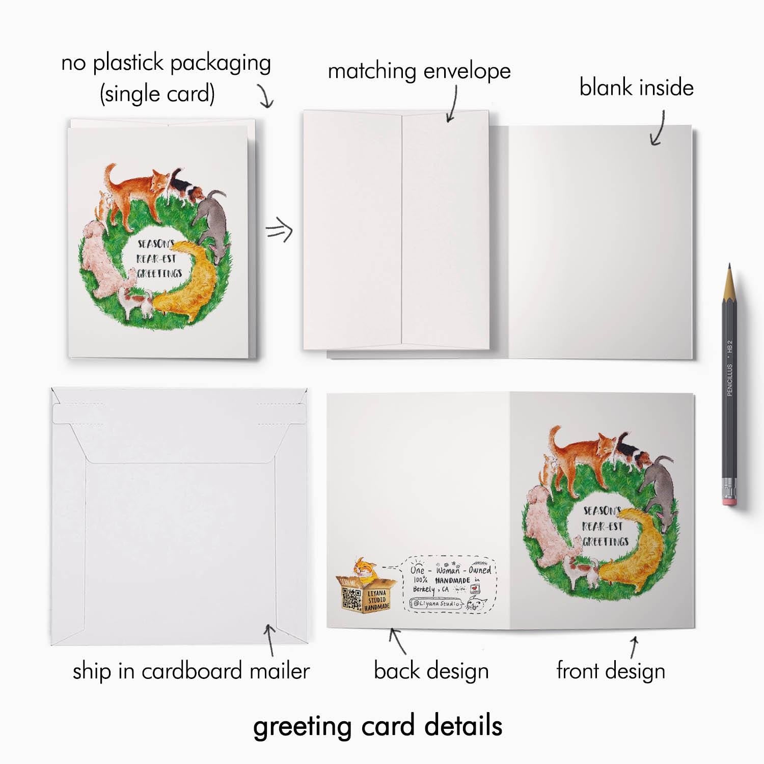 Dog Butt Sniff Wreath Christmas Cards – Funny Holiday Card for Dog Lovers – Season’s Rear-est Greetings - Liyana Studio Handmade