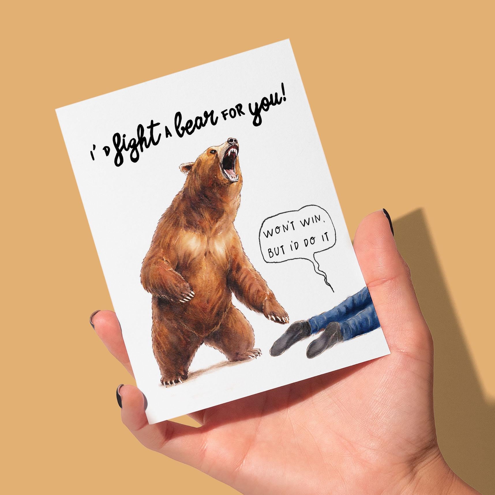 Fight A Bear Funny Valentines Day Card – Best Friend Birthday Card - Funny Anniversary Gift for Husband Wife - Liyana Studio Handmade