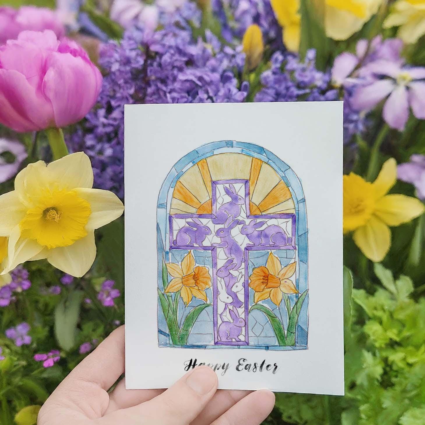 Watercolor Stained Glass Window Religious Easter Card - Christian Easter Card with Cross - Liyana Studio Handmade Greeting Card
