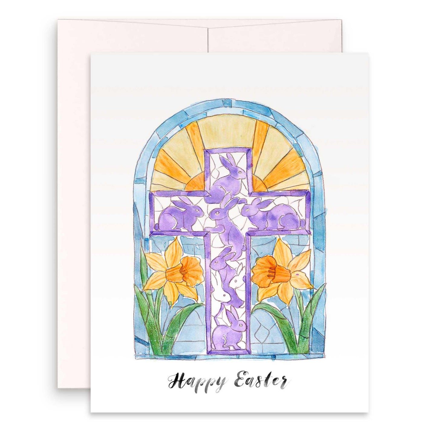 Watercolor Stained Glass Window Religious Easter Card - Christian Easter Card with Cross - Liyana Studio Handmade Greeting Card