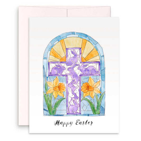 Watercolor Stained Glass Window Religious Easter Card - Christian Easter Card with Cross - Liyana Studio Handmade Greeting Card
