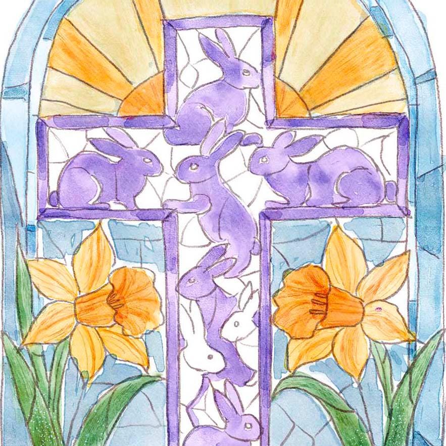 Watercolor Stained Glass Window Religious Easter Card - Christian Easter Card with Cross - Liyana Studio Handmade Greeting Card