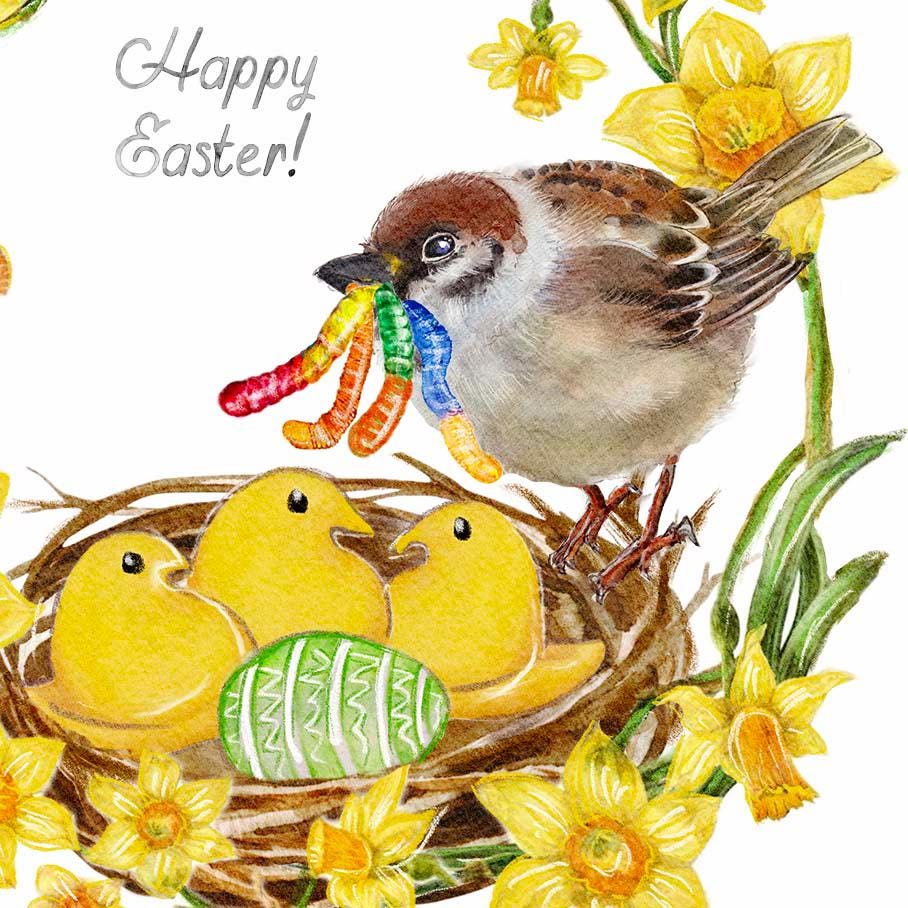 Bird Funny Easter Cards For Kids - Gummy Worm Candy Easter Card - Liyana Studio Handmade Greeting Card