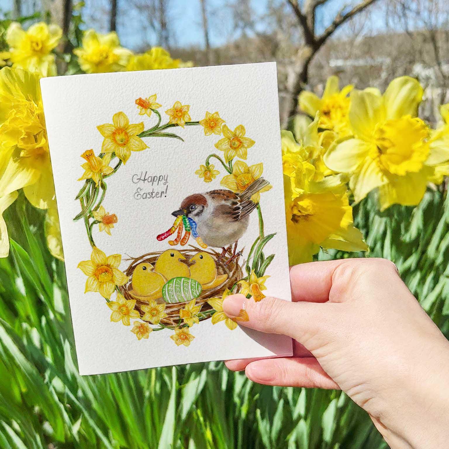 Bird Funny Easter Cards For Kids - Gummy Worm Candy Easter Card - Liyana Studio Handmade Greeting Card