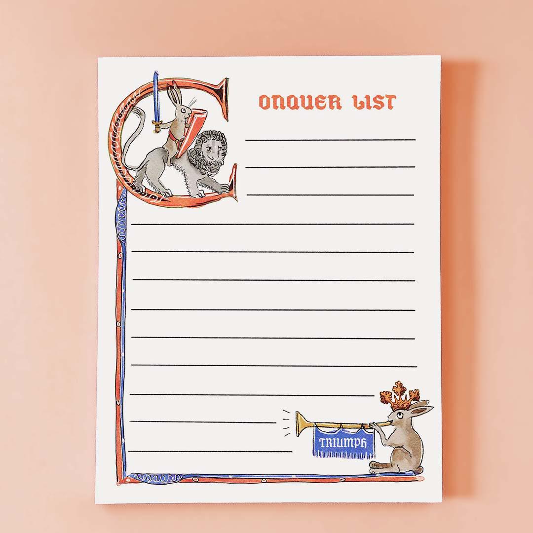 Medieval Bunny Conquer List Notepad - Funny To do List Note Pad - Cute Memo Pad Stationery Gifts- Handmade By Liyana Studio