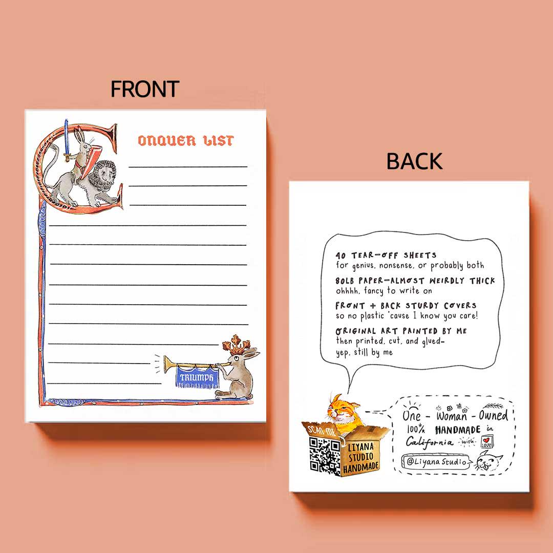 Medieval Bunny Conquer List Notepad - Funny To do List Note Pad - Cute Memo Pad Stationery Gifts- Handmade By Liyana Studio