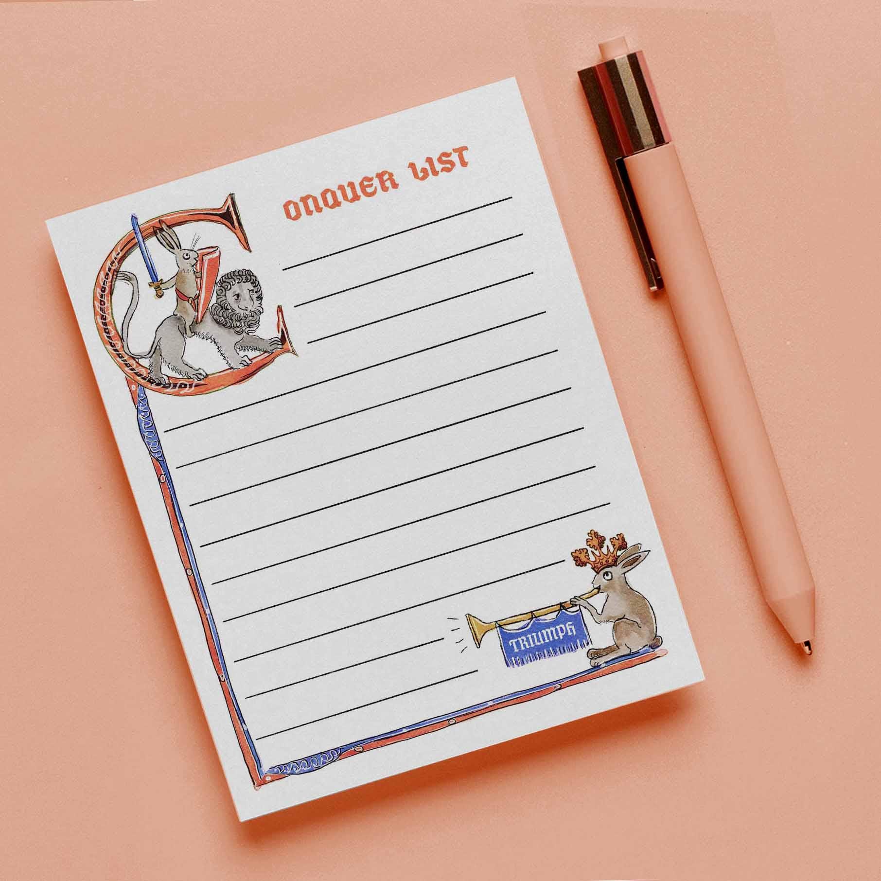 Medieval Bunny Conquer List Notepad - Funny To do List Note Pad - Cute Memo Pad Stationery Gifts- Handmade By Liyana Studio