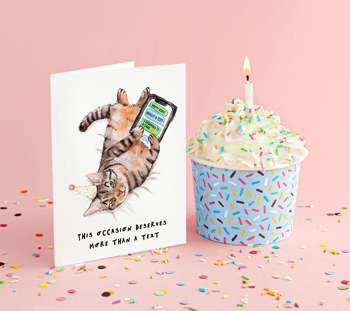 Text Message Cat Funny Birthday Card – Tabby Cat Holding Phone Funny Birthday Gift - Liyana Studio Handmade Greeting