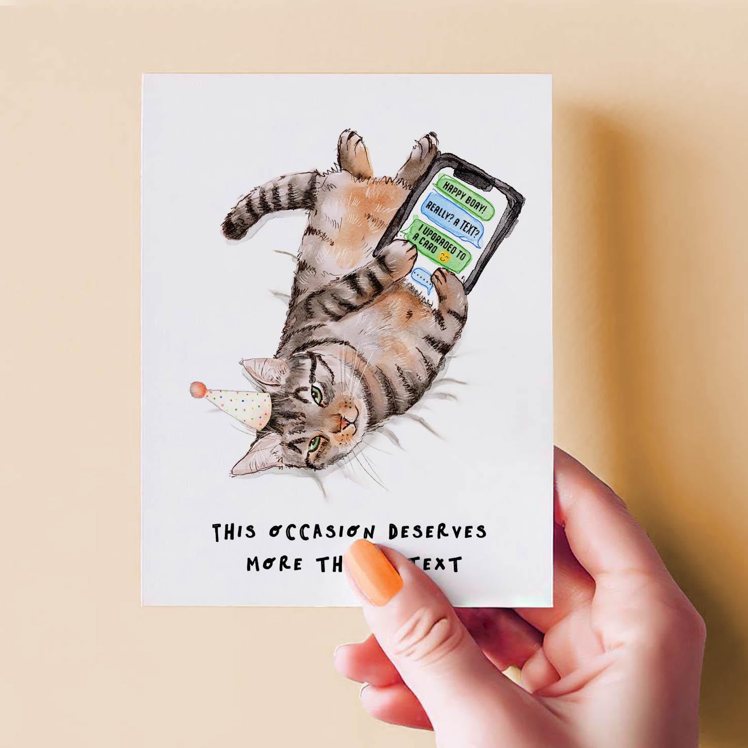 Text Message Cat Funny Birthday Card – Tabby Cat Holding Phone Funny Birthday Gift - Liyana Studio Handmade Greeting