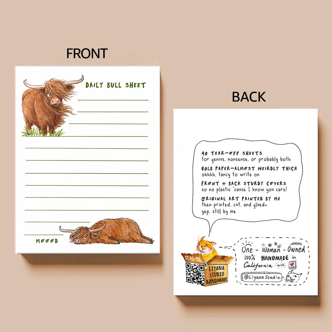 Daily Bull Sheet Notepad - Highland Cow Funny To do List Note Pad - Farm Animal Memo Pad Stationery Gifts- Handmade By Liyana Studio