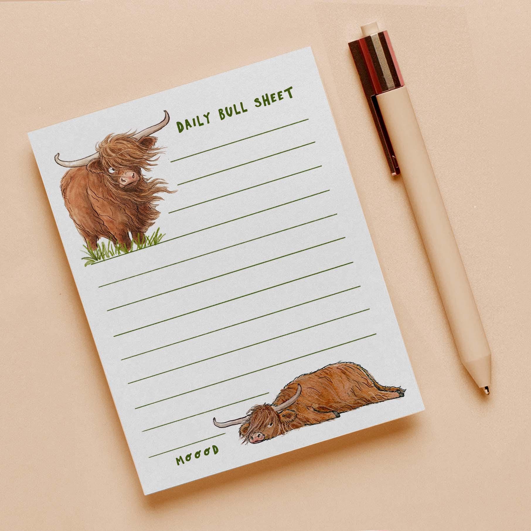 Daily Bull Sheet Notepad - Highland Cow Funny To do List Note Pad - Farm Animal Memo Pad Stationery Gifts- Handmade By Liyana Studio