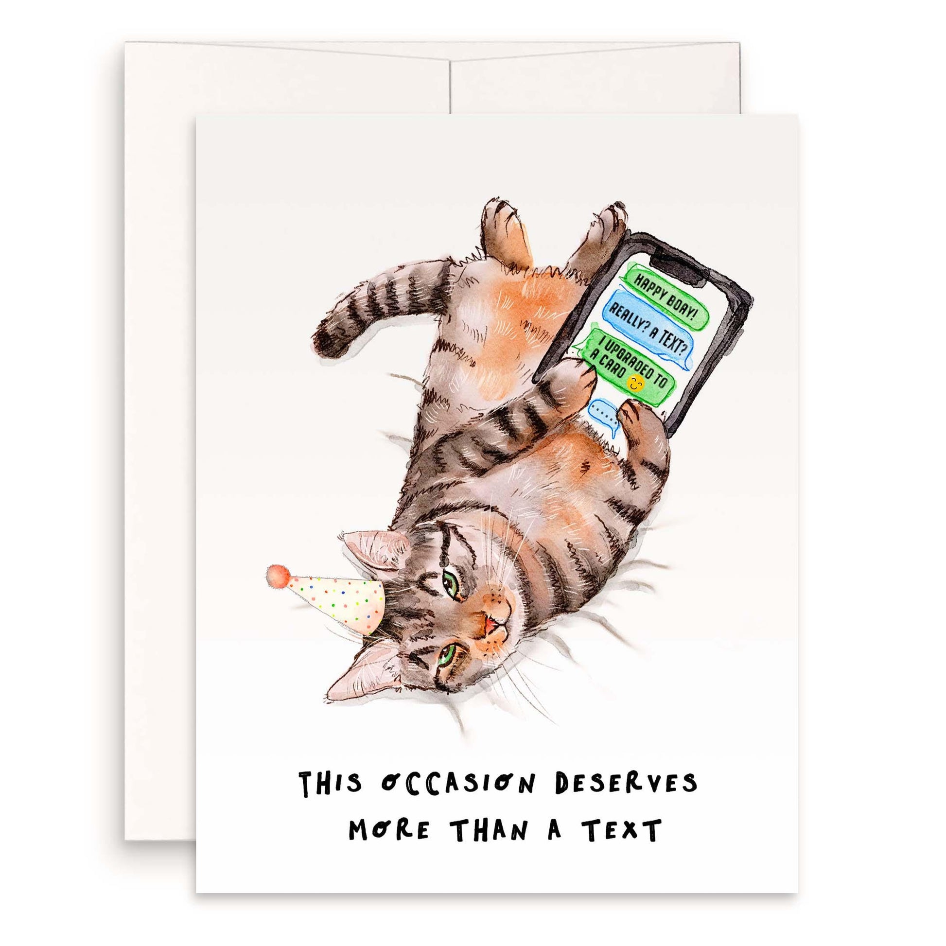 Text Message Cat Funny Birthday Card – Tabby Cat Holding Phone Funny Birthday Gift - Liyana Studio Handmade Greeting