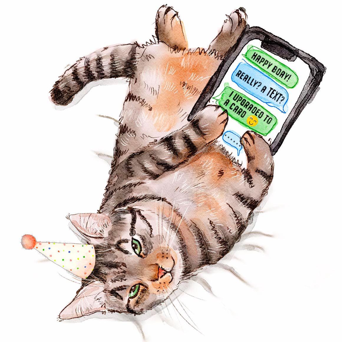 Text Message Cat Funny Birthday Card – Tabby Cat Holding Phone Funny Birthday Gift - Liyana Studio Handmade Greeting